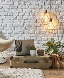 Industrial Cage lamp hanging on the wall in a vintage interior study room