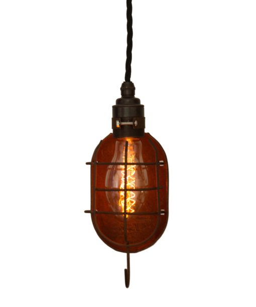 Aged industrial rustic mechanical lamp cage horizontal with oval edison bulb old english holder