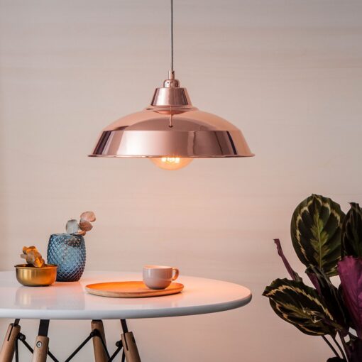 Rose Gold Copper Industrial Pendant Lampshade hanging over dining table