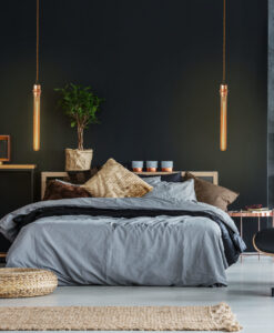 Bedroom with Edison Tube LED bulbs hanging above the bed