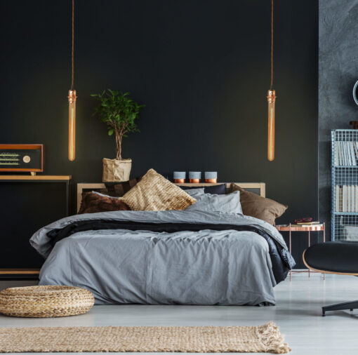 Bedroom with Edison Tube LED bulbs hanging above the bed