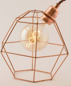 Rose gold Hexagon cage with G95 Spiral LED bulb on the table