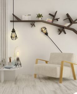 cage Lamp hanging in the wall in living room with White theme