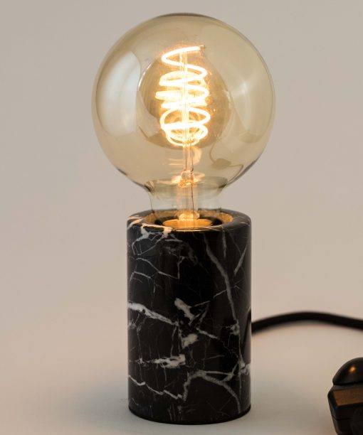 Black marble table lamp on white background with G80 Edison LED bulb