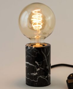 Black marble table lamp on white background with G80 Edison LED bulb