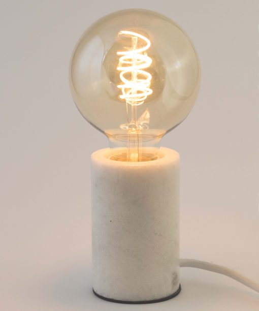 White marble table lamp on white background with G80 Edison LED bulb