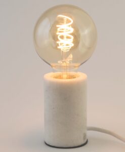 White marble table lamp on white background with G80 Edison LED bulb