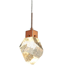 Close up of Rose Gold Crystal Luxury pendant light hanging from Ceiling