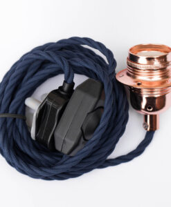 Pendant Plug in lamp set with Dark Blue Flex cable, Dimmer, UK plug and Rose gold Holder