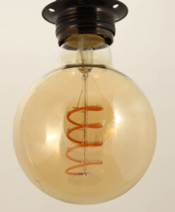 Close up of G95 Spiral Edison LED bulb hanging from Ceiling