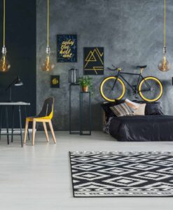 Smart Bulb hanging in a Bedroom with Grey and Yellow theme interior design